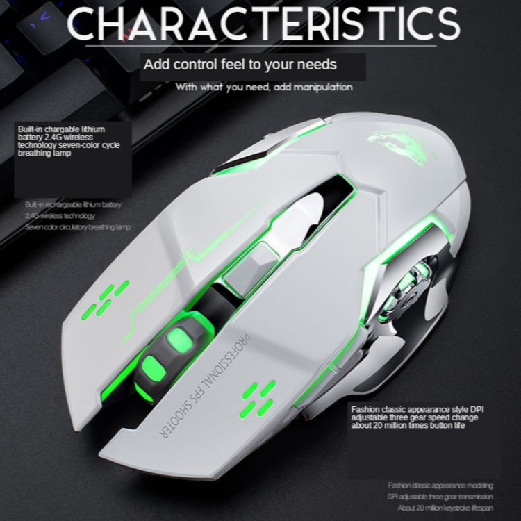 Chuột chơi game cơ không dây FREEDOM-WOLF X8 2400 DPI 6 phím sạc 2.4G im lặng phát sáng, X8 Đen, X8 Xám kim loại, X8 Đen sao