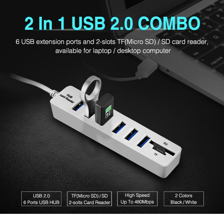 Bộ chia USB 2.0 đa cổng tốc độ cao 6 cổng kèm đầu đọc thẻ TF SD
