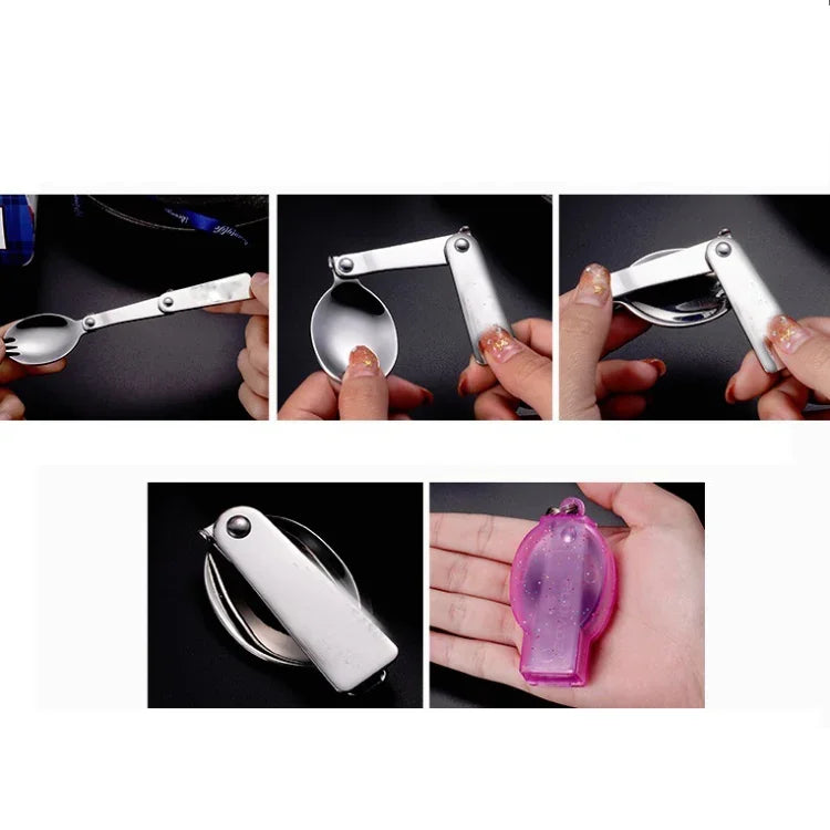 2 chiếc dao dĩa gấp bằng thép không gỉ tích hợp dùng đôi cho dã ngoại, giao màu ngẫu nhiên, thìa, dĩa