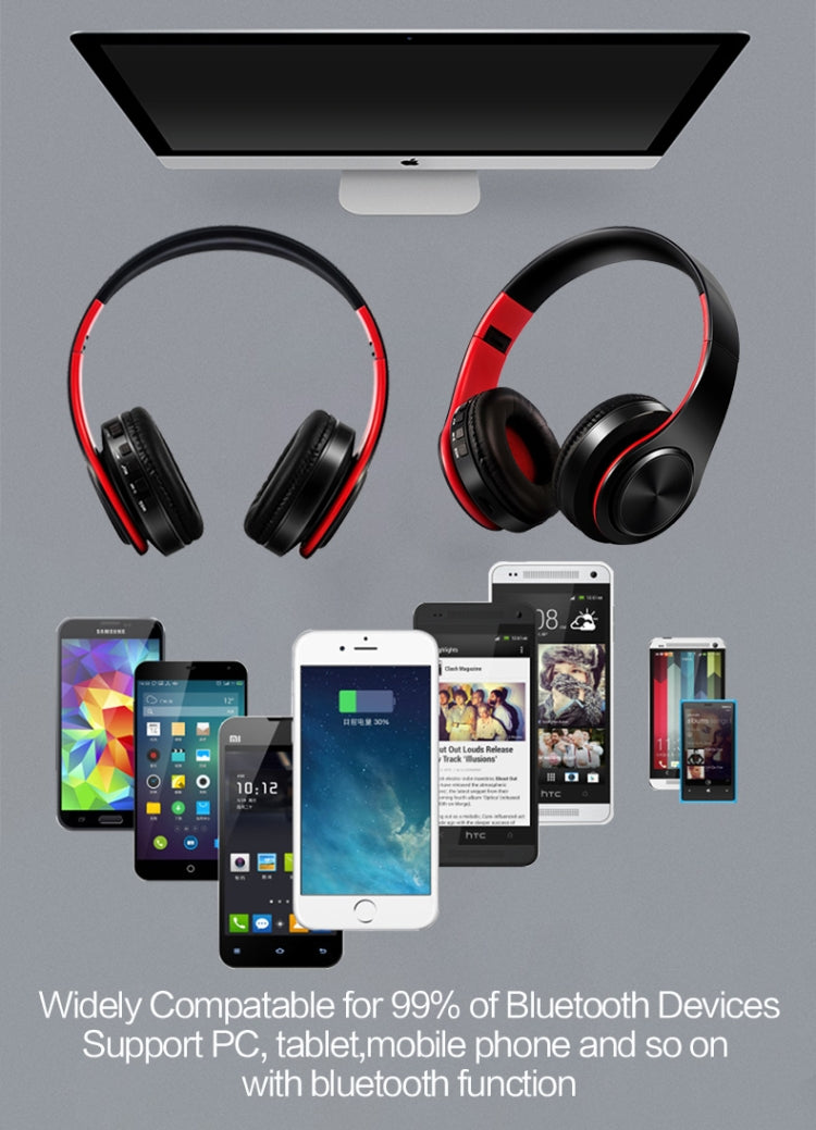 Tai nghe Bluetooth stereo HiFi không dây cho Xiaomi iPhone Samsung Tablet, có mic, Hỗ trợ thẻ SD & FM