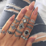 Bộ 15 Nhẫn Bạc Đính Đá Pha Lê Hoa Lá Lục Giác Hình Hoa Sen Phong Cách Bohemian Retro