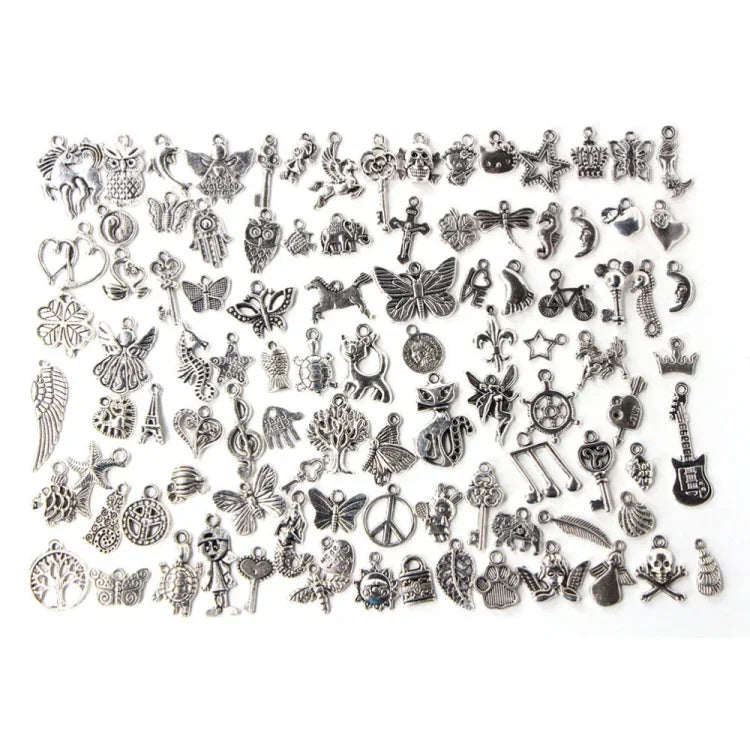 100 chiếc vòng tay châu Âu màu bạc cổ điển pha trộn, mặt dây chuyền charm thời trang DIY thủ công