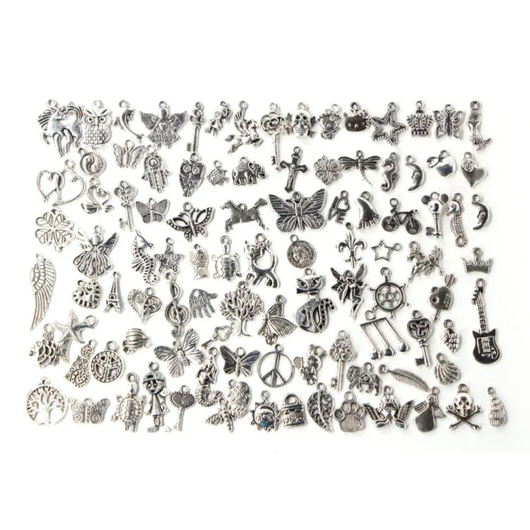 100 chiếc vòng tay châu Âu màu bạc cổ điển pha trộn, mặt dây chuyền charm thời trang DIY thủ công