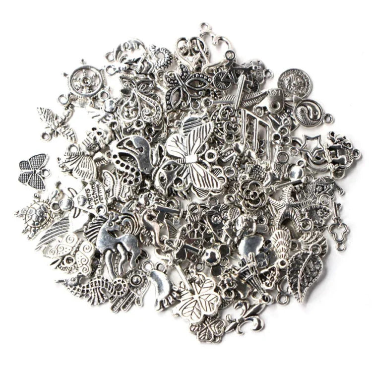 100 chiếc vòng tay châu Âu màu bạc cổ điển pha trộn, mặt dây chuyền charm thời trang DIY thủ công