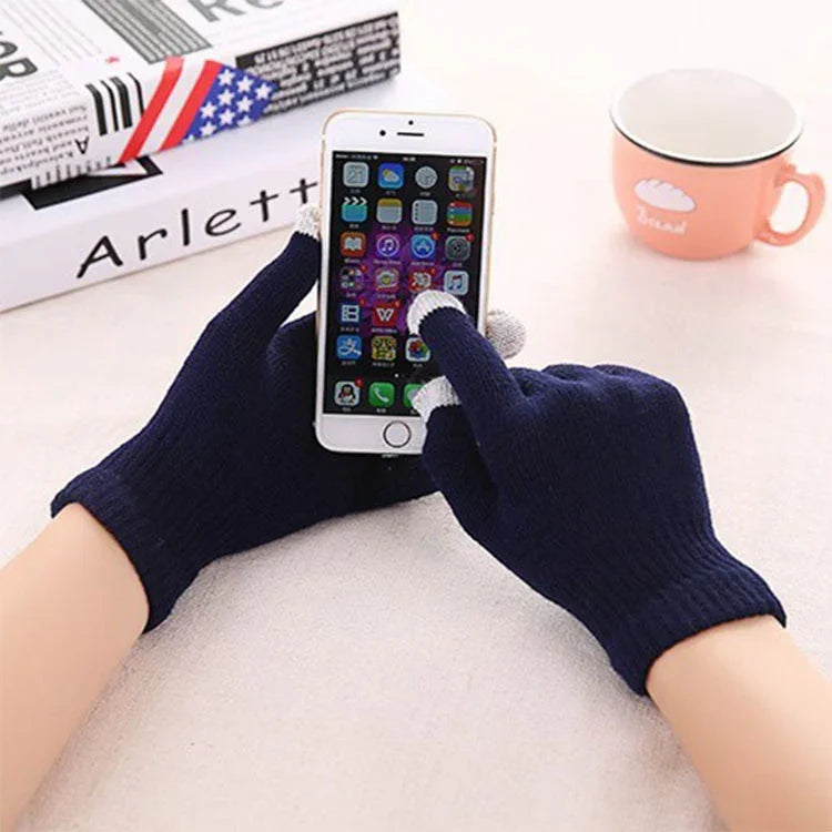 Găng tay cảm ứng mùa đông cho nữ và nam, ấm, dệt co giãn, giả len, dày, găng tay ngón đầy đủ, màu trắng, xám, đen, vàng, xanh hải quân, trắng trẻ em, đen trẻ em, A-xanh hải quân, A-đen, A-trắng, A-xám, B-xám, B-xanh, C-vàng, C-xanh, C-tím