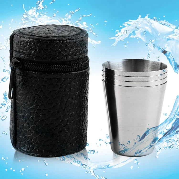 Bộ cốc mini 4 trong 1 bằng thép không gỉ ngoài trời, cốc da di động cho đi bộ, cắm trại, du lịch, 30ML