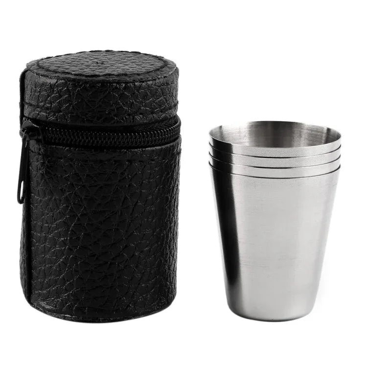 Bộ cốc mini 4 trong 1 bằng thép không gỉ ngoài trời, cốc da di động cho đi bộ, cắm trại, du lịch, 30ML