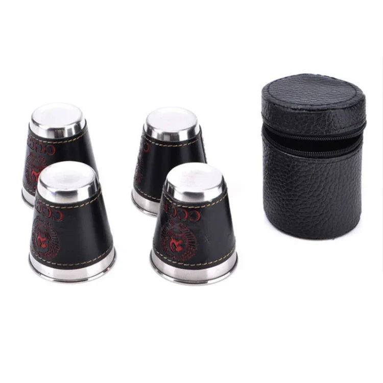 Bộ cốc du lịch dã ngoại 4 trong 1 70ml bằng thép không gỉ, cốc rượu vang bia ly whiskey da PU