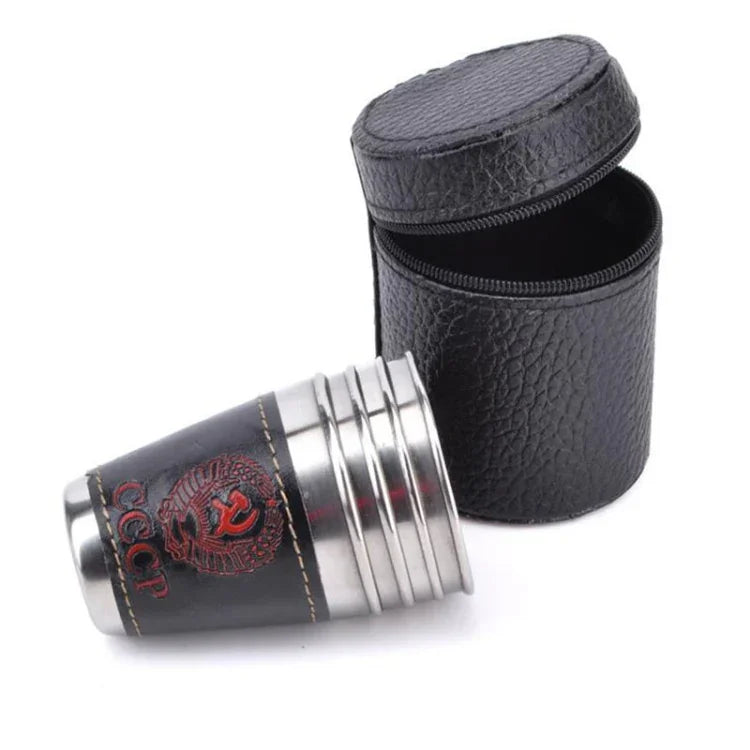 Bộ cốc du lịch dã ngoại 4 trong 1 70ml bằng thép không gỉ, cốc rượu vang bia ly whiskey da PU