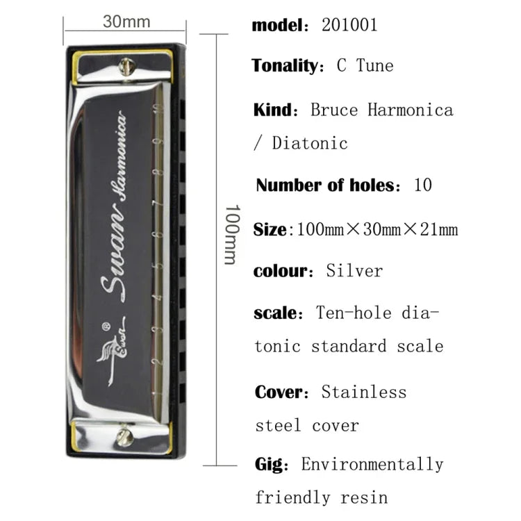 Bộ 2 harmonica Swan 10 lỗ Bruce toàn bộ dành cho người mới bắt đầu, trẻ em, người lớn, học sinh chơi nhạc cụ, Swan harmonica 10 lỗ Bruce