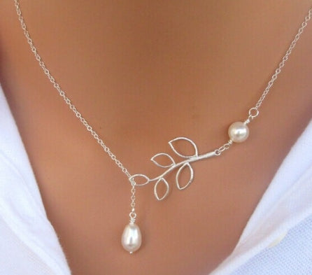 Dây chuyền mặt dây chuyền dài bạc phong cách thời trang nữ dễ thương, số 8 và thánh giá, lá và chim, lá, lá và ngọc trai, dây đôi lá