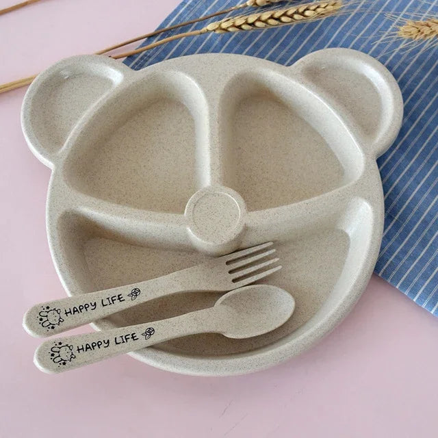 Bộ 3 cái bát + thìa + nĩa cho bé, bộ đồ ăn hình gấu hoạt hình cho trẻ em
