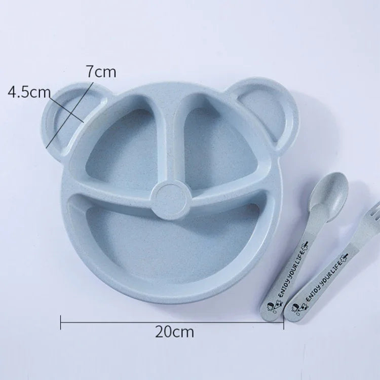 Bộ 3 cái bát + thìa + nĩa cho bé, bộ đồ ăn hình gấu hoạt hình cho trẻ em