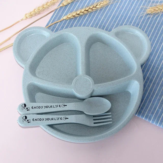 Bộ 3 cái bát + thìa + nĩa cho bé, bộ đồ ăn hình gấu hoạt hình cho trẻ em