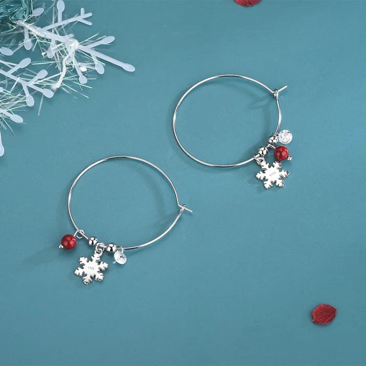 Bông tai bạc Sterling S925 kim cương lấp lánh hình quả cầu đỏ bông tuyết, Bông tai Giáng Sinh