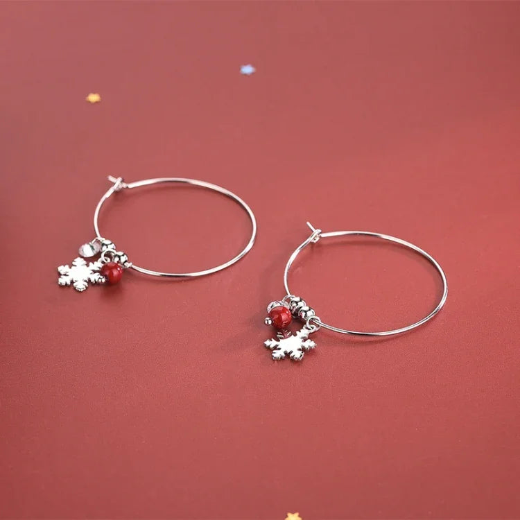 Bông tai bạc Sterling S925 kim cương lấp lánh hình quả cầu đỏ bông tuyết, Bông tai Giáng Sinh