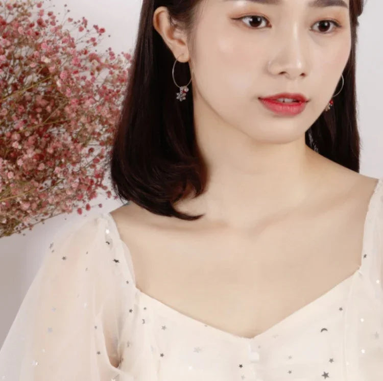 Bông tai bạc Sterling S925 kim cương lấp lánh hình quả cầu đỏ bông tuyết, Bông tai Giáng Sinh