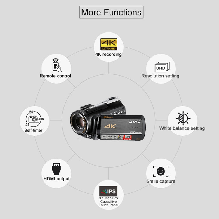 ORDRO AC5 Camera quay phim kỹ thuật số DV WiFi 4K HD tầm nhìn ban đêm zoom quang học 12X, Tiêu chuẩn, Tiêu chuẩn + Micro, Tiêu chuẩn + Micro + Giá đỡ cầm tay, Tiêu chuẩn + Micro + Đèn chiếu sáng