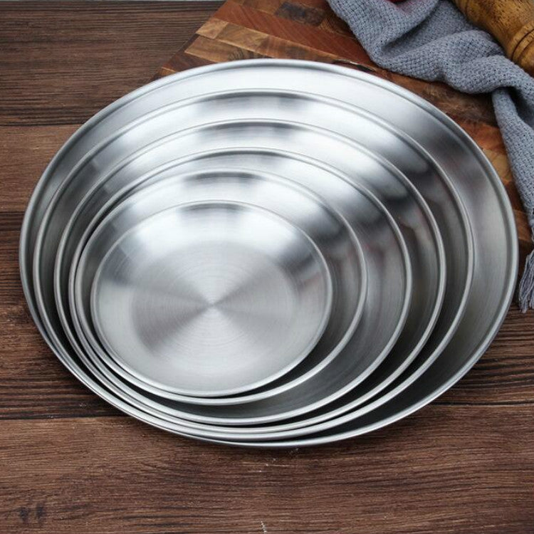 Đĩa tròn dày bằng thép không gỉ, khay cà phê, đĩa trái cây, đĩa bánh xương, đĩa nông, 14cm bạc mờ chải xước, 17cm bạc mờ chải xước, 20cm bạc mờ chải xước, 23cm bạc mờ chải xước, 26cm bạc mờ chải xước