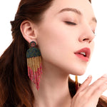 Bông tai dân tộc thủ công hạt tua rua Bohemian, màu xanh lá E68671