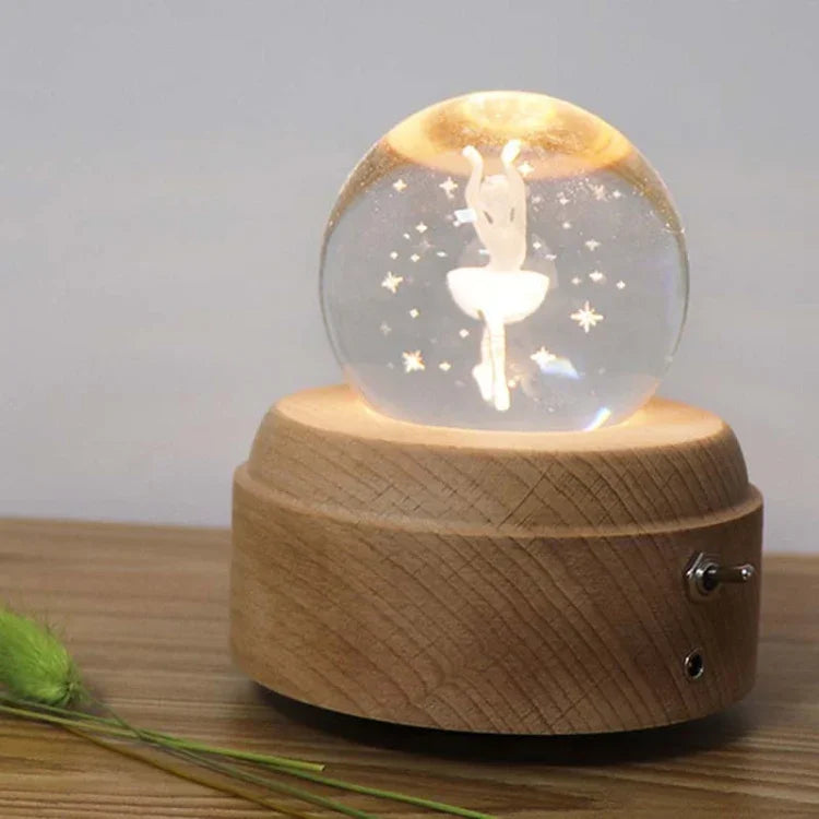 Đèn đầu giường bé gái quả cầu pha lê đế gỗ hộp nhạc sạc phát sáng đèn ngủ xoay, nhạc ngẫu nhiên, ba lê, lâu đài, kỳ lân, heo bay, chó, bé gái vẽ, cá voi, hươu, đầu hươu, mèo, nàng tiên cá, bồ công anh, gấu bóng bay, cây thông Noel, đôi heo