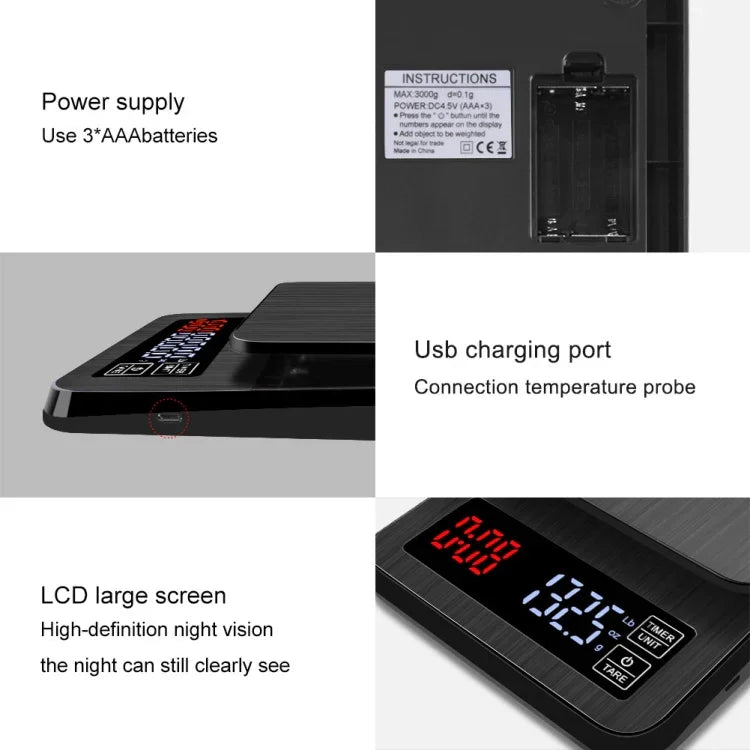 Cân cà phê đẩy tay gia dụng, Cân nhà bếp thông minh USB có hẹn giờ, 3kg/0.1g, 5kg/0.1g, 10kg/1g