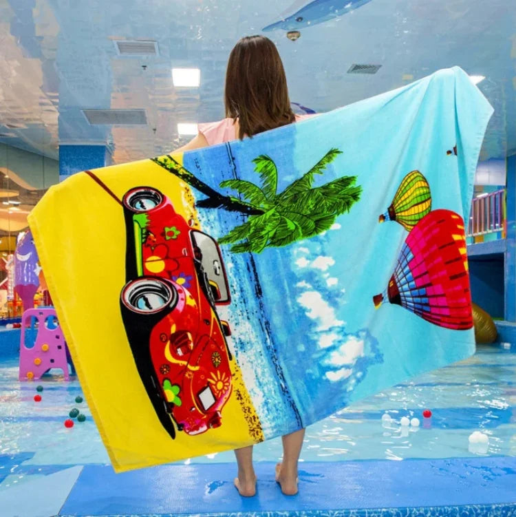 Extra Long Bath Towel Hawaiian Island Style Cotton Beach Cushion Towel 180x105 Cm, Sunset Coconut BT19-2, Beach Sports Car BT19-3, Ocean Carnival BT19-1