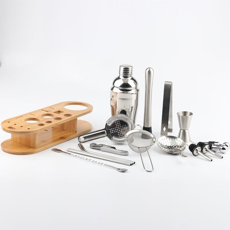 Bộ bình lắc cocktail bằng thép không gỉ 18 trong 1, đế tre oval, bộ dụng cụ bar, 350ml, 550ml, 750ml