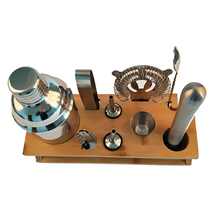 Bộ bình lắc inox 10 trong 1, kệ tre, miệng nghiêng, dụng cụ pha chế cocktail bar, 350ml, 550ml, 750ml