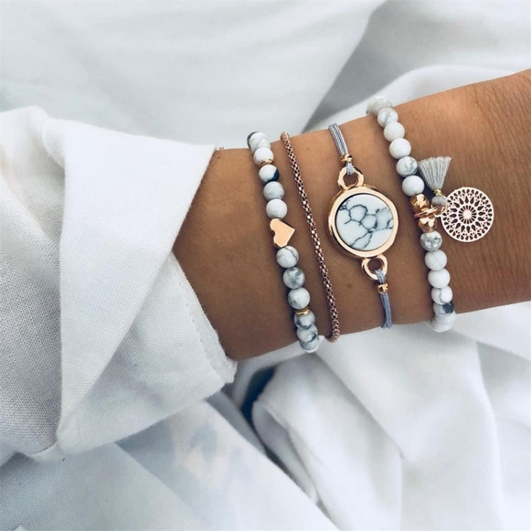 Bộ 4 Vòng Tay Hạt Charm Phong Cách Bohemian Cho Nữ, Hình Trái Tim Đá Cẩm Thạch Có Dây Tua Rua