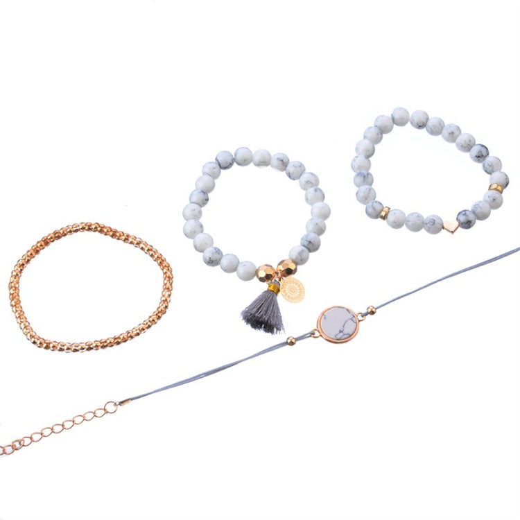 Bộ 4 Vòng Tay Hạt Charm Phong Cách Bohemian Cho Nữ, Hình Trái Tim Đá Cẩm Thạch Có Dây Tua Rua