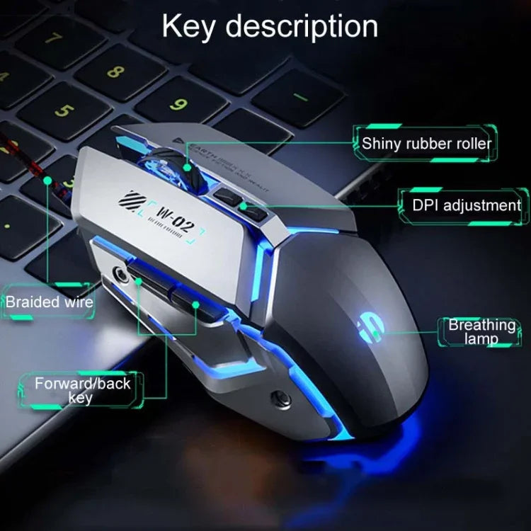 Chuột có dây cơ học chơi game USB Inphic W-02 6 phím lập trình macro phát sáng cho văn phòng tại nhà, W-02 (Xám kim loại)