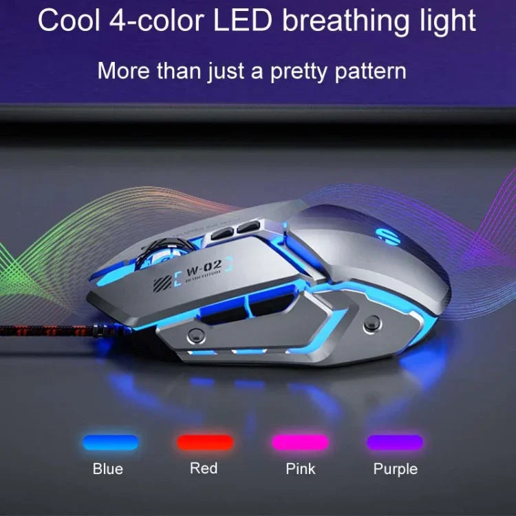 Chuột có dây cơ học chơi game USB Inphic W-02 6 phím lập trình macro phát sáng cho văn phòng tại nhà, W-02 (Xám kim loại)