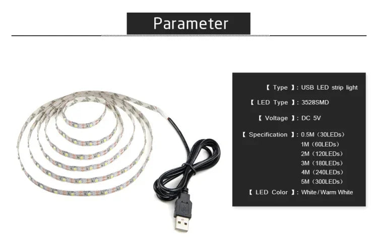 Đèn LED dây epoxy SMD 2835 nguồn USB trang trí bàn Giáng Sinh, đèn nền TV, 1m, 5m