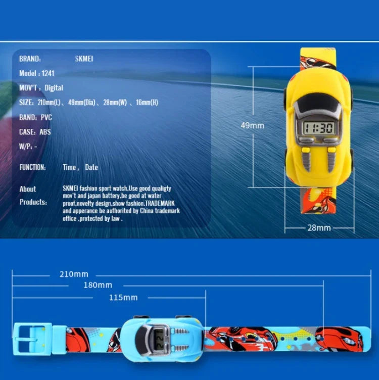 Đồng hồ kỹ thuật số trẻ em hình xe hoạt hình dễ thương SKMEI 1241, vàng, đỏ, xanh dương, đen, xanh nhạt