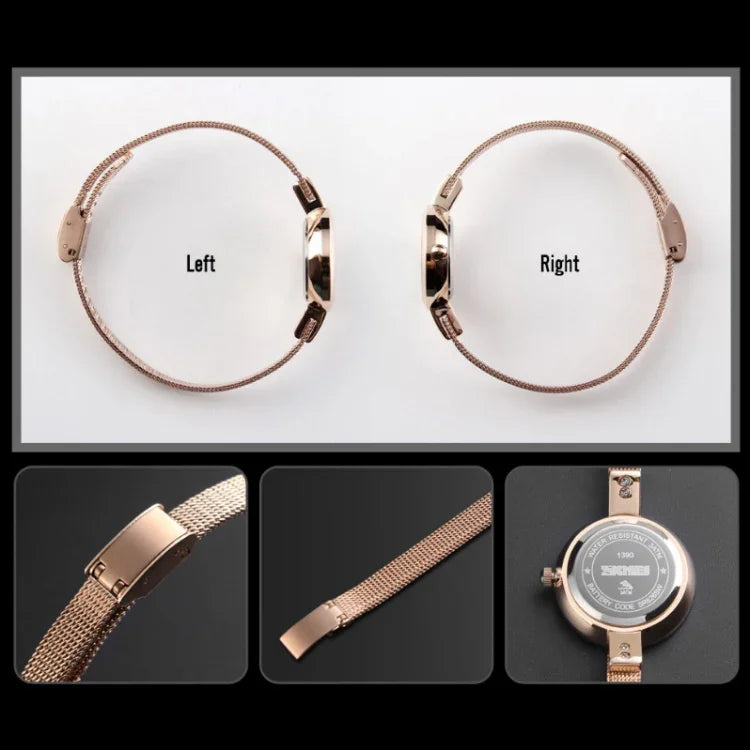 Đồng hồ nữ công sở SKMEI 1390 dây thép nhẹ, đồng hồ quartz, màu vàng hồng, vàng, bạc