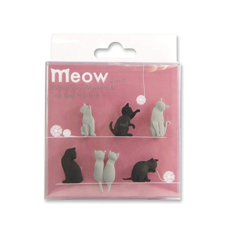 Bộ 6 cốc đánh dấu ly rượu cho mèo, móc treo túi trà, hình mèo