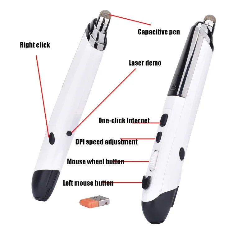 PR-08 Bút bảng điện tử không dây 2.4G 6 phím 1600DPI Bút đa chức năng chuột PPT lật trang, Trắng, Đỏ, Xanh, Đen, Xám bạc
