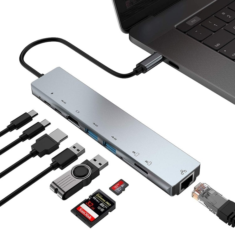 Trạm kết nối HUB WC7367 8 trong 1 87W Type-C sang PD+USB3.0/USB2.0+SD+TF+HDMI+RJ45+Type-C, WC7367