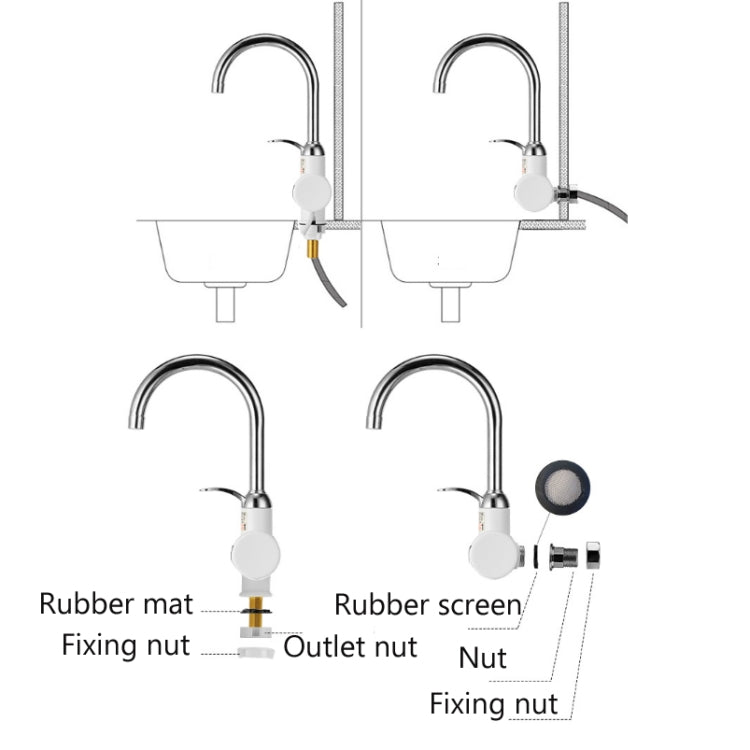 Vòi nước nóng lạnh điện tử nóng lạnh tức thì cho bếp, phích cắm EU, hiển thị đèn, đầu vào nước dưới, đầu vào nước bên, bảo vệ chống rò rỉ đầu vào nước dưới, bảo vệ chống rò rỉ đầu vào nước bên