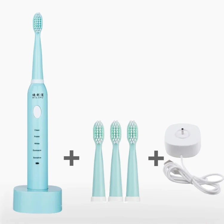 Bàn chải đánh răng điện DELIPU sạc pin, điều chỉnh 5 tốc độ sóng âm cho trẻ em và người lớn, chống nước, lông mềm làm trắng răng, cáp sạc USB (xanh dương), cáp sạc USB (trắng), đế sạc USB (xanh dương), đế sạc USB (hồng)