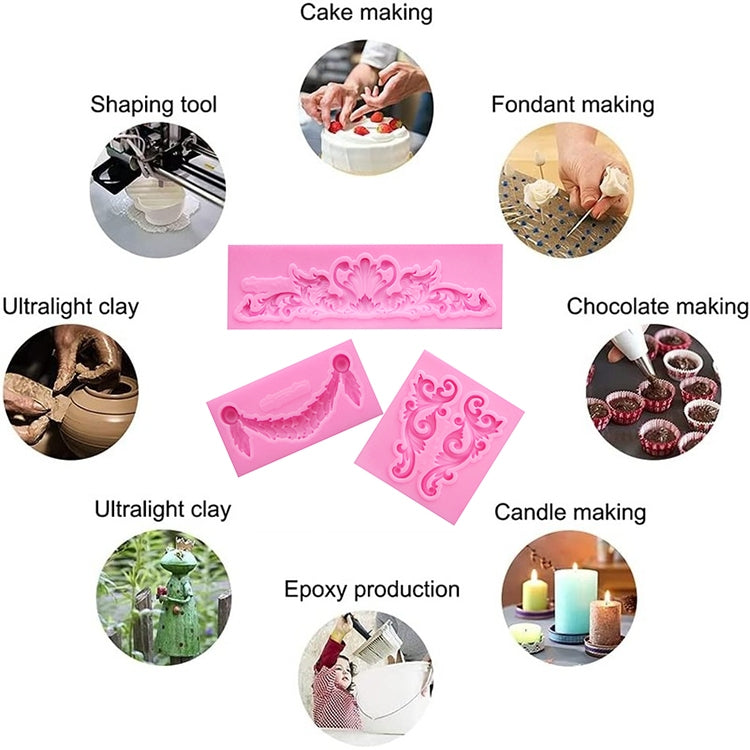 2 cái khuôn silicone fondant bánh, khuôn viền rỗng nổi, khuôn khung ảnh cổ điển