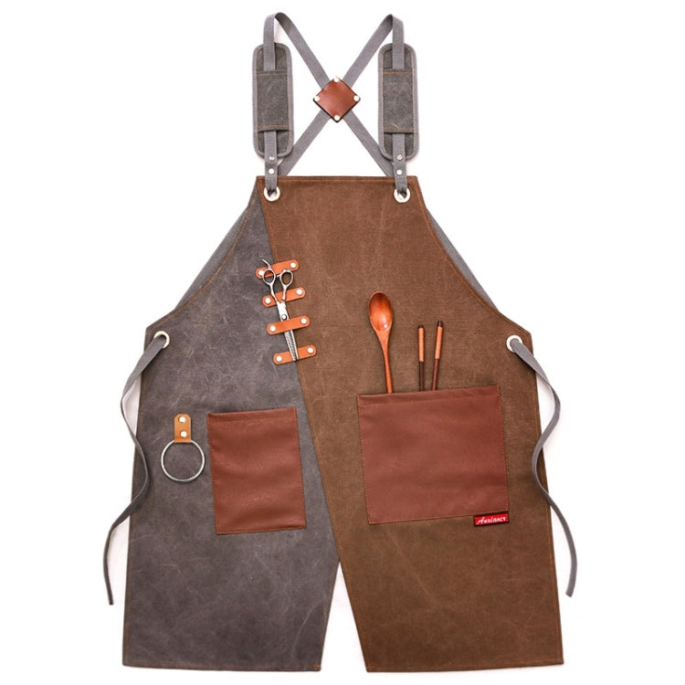 Tạp dề denim cho thợ cắt tóc và quán trà sữa, dây đeo vai xám-vàng, dây đeo vai xanh-trắng, dây đeo vai xanh-vàng, dây đeo vai xám-xanh, dây móc xám-vàng, dây móc xanh-trắng, dây móc xanh-vàng, dây móc xám-xanh