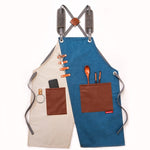 Tạp dề denim cho thợ cắt tóc và quán trà sữa, dây đeo vai xám-vàng, dây đeo vai xanh-trắng, dây đeo vai xanh-vàng, dây đeo vai xám-xanh, dây móc xám-vàng, dây móc xanh-trắng, dây móc xanh-vàng, dây móc xám-xanh