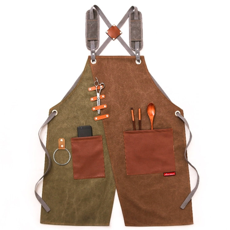Tạp dề denim cho thợ cắt tóc và quán trà sữa, dây đeo vai xám-vàng, dây đeo vai xanh-trắng, dây đeo vai xanh-vàng, dây đeo vai xám-xanh, dây móc xám-vàng, dây móc xanh-trắng, dây móc xanh-vàng, dây móc xám-xanh