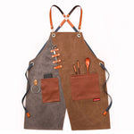 Tạp dề denim cho thợ cắt tóc và quán trà sữa, dây đeo vai xám-vàng, dây đeo vai xanh-trắng, dây đeo vai xanh-vàng, dây đeo vai xám-xanh, dây móc xám-vàng, dây móc xanh-trắng, dây móc xanh-vàng, dây móc xám-xanh