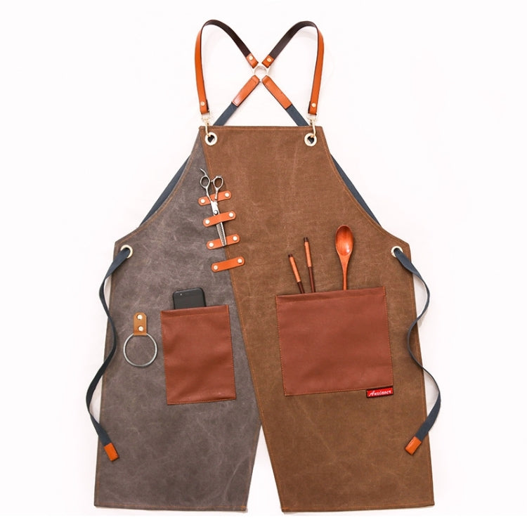 Tạp dề denim cho thợ cắt tóc và quán trà sữa, dây đeo vai xám-vàng, dây đeo vai xanh-trắng, dây đeo vai xanh-vàng, dây đeo vai xám-xanh, dây móc xám-vàng, dây móc xanh-trắng, dây móc xanh-vàng, dây móc xám-xanh