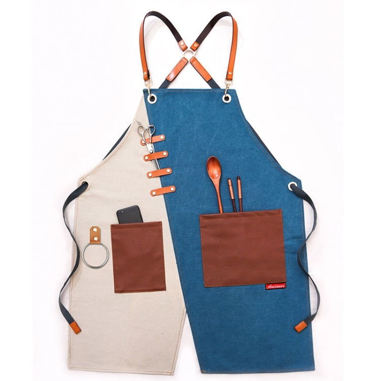 Tạp dề denim cho thợ cắt tóc và quán trà sữa, dây đeo vai xám-vàng, dây đeo vai xanh-trắng, dây đeo vai xanh-vàng, dây đeo vai xám-xanh, dây móc xám-vàng, dây móc xanh-trắng, dây móc xanh-vàng, dây móc xám-xanh