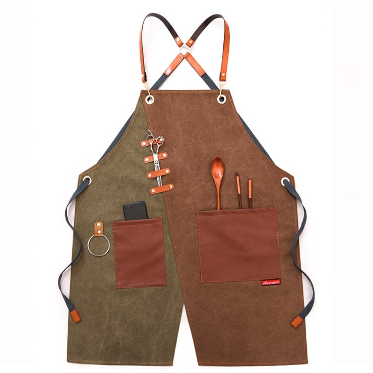 Tạp dề denim cho thợ cắt tóc và quán trà sữa, dây đeo vai xám-vàng, dây đeo vai xanh-trắng, dây đeo vai xanh-vàng, dây đeo vai xám-xanh, dây móc xám-vàng, dây móc xanh-trắng, dây móc xanh-vàng, dây móc xám-xanh