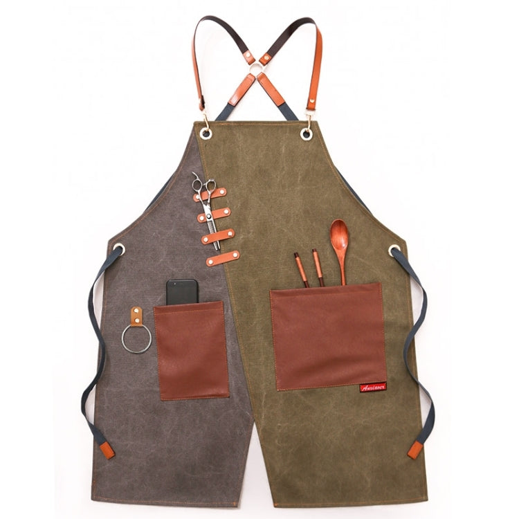 Tạp dề denim cho thợ cắt tóc và quán trà sữa, dây đeo vai xám-vàng, dây đeo vai xanh-trắng, dây đeo vai xanh-vàng, dây đeo vai xám-xanh, dây móc xám-vàng, dây móc xanh-trắng, dây móc xanh-vàng, dây móc xám-xanh